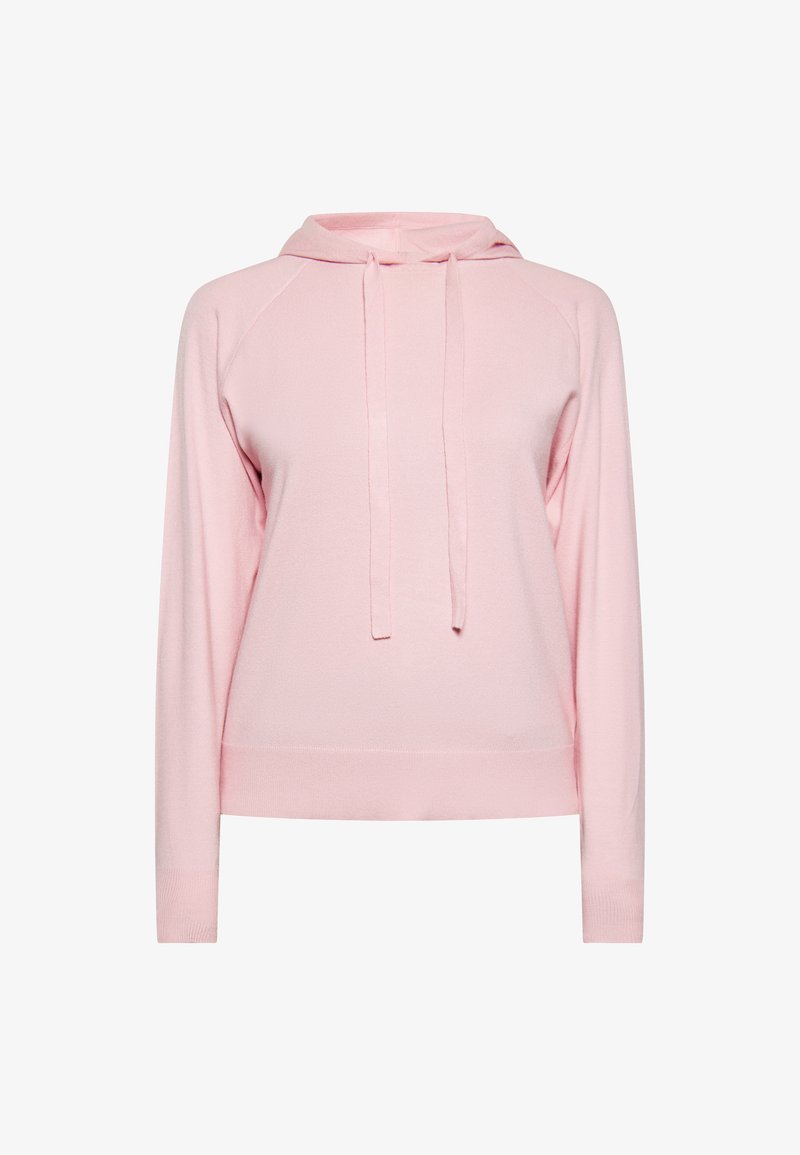 Felpa rosa chiaro realizzata in tessuto morbido, con chiusura a cordoncino, maniche raglan e polsini e orlo a coste. Design semplice, senza fantasie.