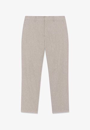 Pantalon beige à jambes droites avec passants de ceinture, poches latérales et fermeture éclair à l'avant.
