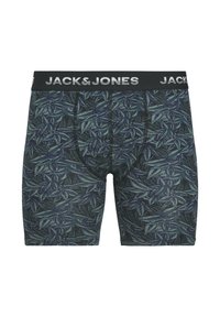 Zwarte en groene boxershorts met een bladmotief, voorzien van een elastische tailleband met het logo "JACK&JONES" in het wit.