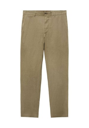 Beige linen trousers with a straight fit, featuring a button closure, belt loops, and two side pockets. Smooth texture and minimal design.