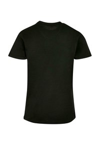 Schwarzes Baumwoll-T-Shirt mit klassischem Rundhalsausschnitt, kurzen Ärmeln und geradem Saum. Glatte Textur, einfarbig, keine Logos oder Muster.