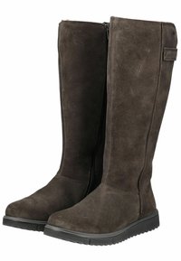 Bottes en daim marron jusqu'au genou avec une fermeture éclair sur le côté, semelle en caoutchouc plate, texture lisse et détails de couture minimalistes.