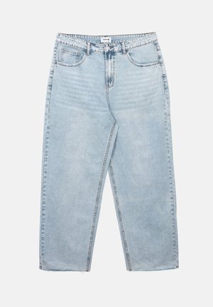 Lyseblå denimjeans med høy midje, knapp- og glidelåslukking, lommer foran og bak, og rette, avkortede ben.