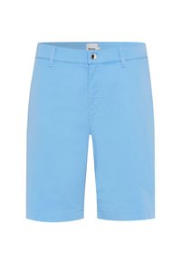 Lichtblauwe shorts van katoen, met een platte voorkant, riemlussen, een knoopsluiting en twee zijzakken. Zachte textuur, knie-lange ontwerp.