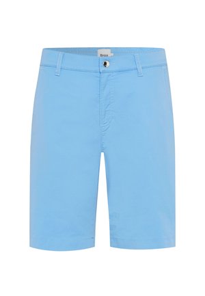 Helle blaue Shorts aus Baumwolle, mit flachem Vorderteil, Gürtelschlaufen, einem Knopfverschluss und zwei Seitentaschen. Glatte Textur, knielanger Schnitt.