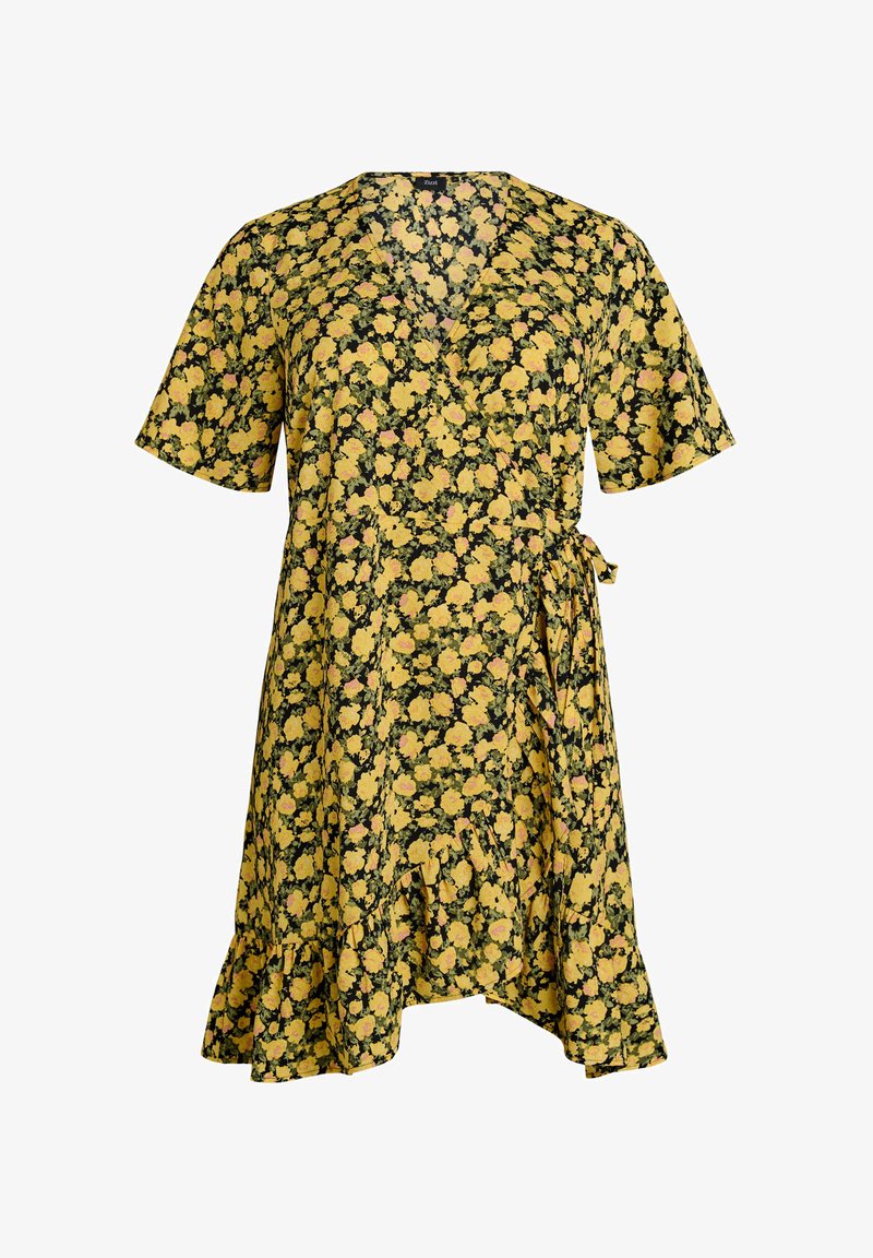 Robe-portefeuille à manches courtes avec imprimé floral jaune, encolure en V, ceinture nouée et ourlet volanté sur fond noir.
