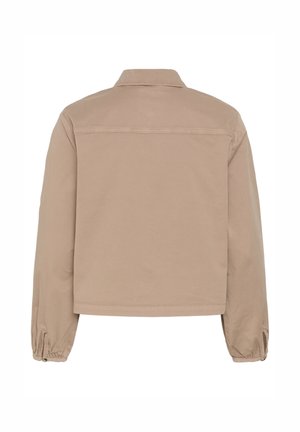 Bež dolgo ozek jakna z ovratnikom, elastičnimi manšetami z gumbi in ravnim šivom na hrbtni yoke.