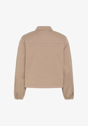 Bež dolgo ozek jakna z ovratnikom, elastičnimi manšetami z gumbi in ravnim šivom na hrbtni yoke.