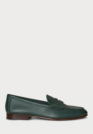 Dark green leather loafers with a textured finish, a rounded toe, and a stitched accent across the upper. Low wooden heel details.