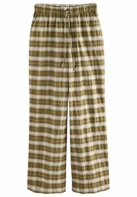 Groene en witte geruite wijde broek van lichtgewicht stof, met een trekkoord in de tailleband en een gestructureerde oppervlakte.