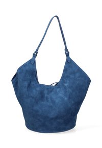 Borsa a spalla in suede blu con una forma rilassata, apertura superiore e spallacci regolabili. Presenta una texture liscia e un design minimalista.