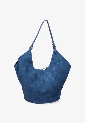 Sac fourre-tout en suédine bleue avec une forme décontractée, un haut ouvert et des bretelles ajustables. Présente une texture lisse et un design minimaliste.