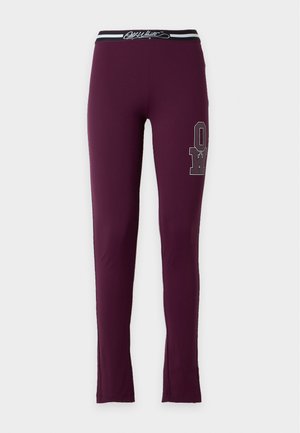 Leggings slim bordeaux avec taille élastique affichant le logo Off-White et les lettres OW sur la cuisse gauche.