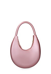 Roze hobo tas gemaakt van glad, mat materiaal. Heeft een gebogen silhouet, ritssluitingen en een gladde handgreep voor het dragen.