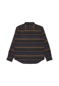 Langsleeve shirt in donkere stof met horizontale strepen in paars, bruin en goud. Heeft een kraag en knoopmanchetten.