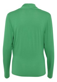 Camicia verde uniforme a maniche lunghe con colletto, vista da dietro, su uno sfondo bianco.