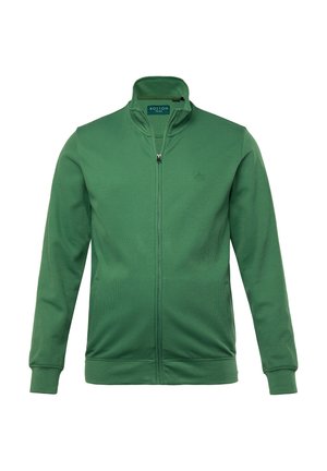 Green zip-up jacket with a stand collar, ribbed texture, two side pockets, and a small logo on the chest. Soft fabric and elastic cuffs.