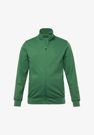 Grüne Zip-Jacke mit Stehkragen, gerippter Textur, zwei seitlichen Taschen und kleinem Logo auf der Brust. Weicher Stoff und elastische Bündchen.