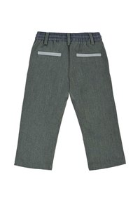Grijze, gestructureerde broek met een elastische tailleband, voorzien van twee achterzakken en lichtgrijze details langs de zakken voor contrast.