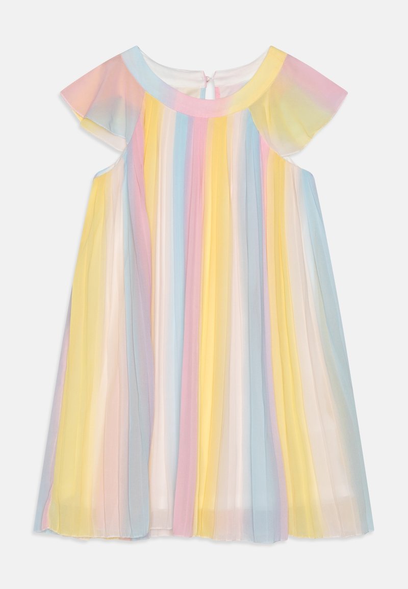 Robe d’enfant avec des rayures verticales pastel rose, jaune, bleu et blanc, à manches courtes volantées et col rond.