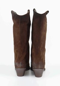 Stivali al ginocchio in suede marrone con punta rotonda, tacco basso e design con apertura superiore. Texture liscia con leggere variazioni di colore.