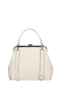 Witte leren handtas met een gestructureerde vorm, afgeronde bovenkant, dubbele handvatten en een zilveren sluiting. Heeft een gestructureerd oppervlak met minimale accenten.
