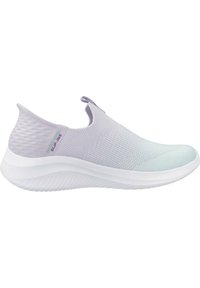 Zapatillas ligeras de color púrpura claro, tipo slip-on, con una parte superior de malla texturizada y una punta de un suave color verde menta. Suela blanca gruesa con un patrón de olas sutil.