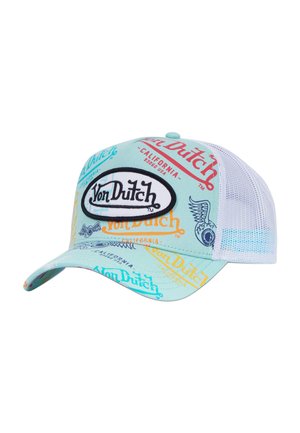 Casquette de camionneur bleu clair avec un dos en maille blanche. Présente des impressions de logo mixtes en orange, turquoise et rouge. Visage courbé et système à snapback réglable.