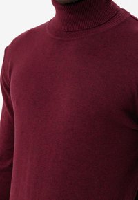 Suéter de cuello alto burdeos en material de punto suave, con un diseño ajustado y cuello acanalado, que resalta la textura y suavidad.
