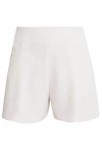 Białe, dopasowane szorty o gładkim wykończeniu i szerokim kroju nogawki. Posiadają boczne kieszenie oraz czystą, prostą talię.