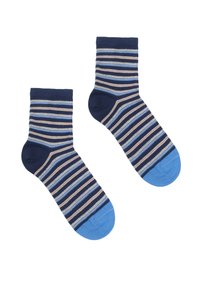 Pestré ponožky s námorníckou modrou, modrou, béžovou a šedou prúžkovanou vzorom. Ríflový manžeta a zosilnená časť prstov, zmes bavlny.