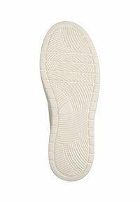 Suola di scarpa in gomma bianca con pattern testurizzati, caratterizzata da scanalature circolari e ondulate per una migliore aderenza. Bordi rialzati intorno alle aree della punta e del tallone.