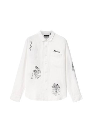 Hvid langærmet skjorte med knapper, med sorte skelet- og symbolske grafiske prints, "AllSaints" logo på brystlommen og spidst krave.