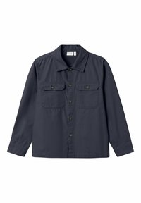 Camicia blu navy con bottoni, colletto, due tasche sul petto e maniche lunghe. Realizzata in tessuto leggero, presenta dettagli di cucitura semplici.