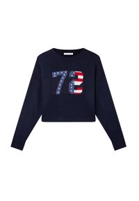 Maglione corto blu navy con scollo rotondo; presenta un motivo a maglia con un grande "72" multicolore che incorpora stelle e strisce.
