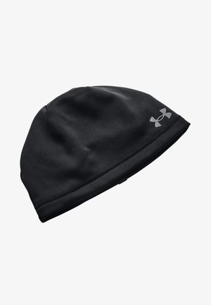 Black athletic beanie made of stretch fabric with a smooth texture, featuring a logo on the side and a snug fit at the base.