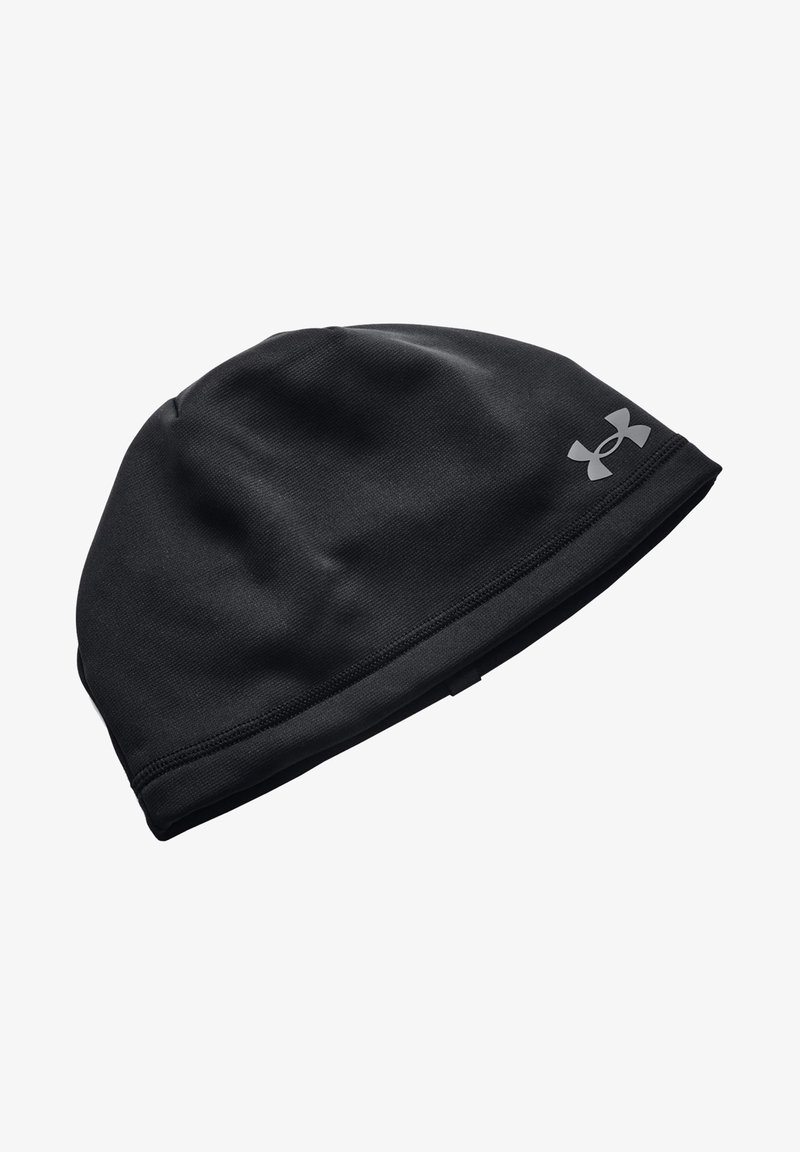 Black athletic beanie made of stretch fabric with a smooth texture, featuring a logo on the side and a snug fit at the base.