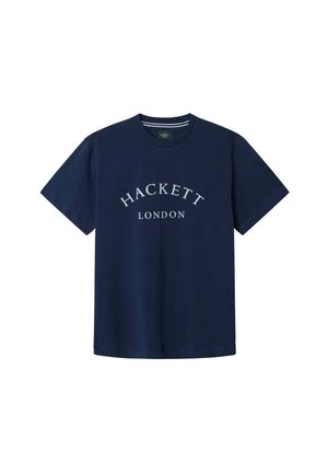 Pamučna majica tamnoplave boje s natpisom "HACKETT LONDON" u bijelom zakrivljenom fontu. Klasičan dizajn s okruglim izrezom i kratkim rukavima.