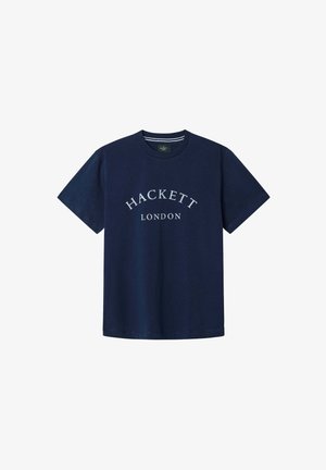 Camiseta de algodón azul marino con el texto "HACKETT LONDON" en letras blancas curvas. Diseño clásico de cuello redondo con mangas cortas.