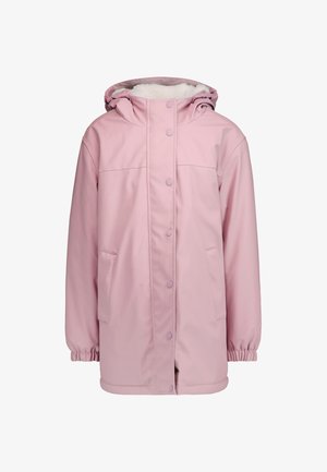 Parka rosa hecha de un material resistente al agua, con capucha forrada de piel, botones a presión y bolsillos laterales. Puños elásticos para un ajuste ceñido.