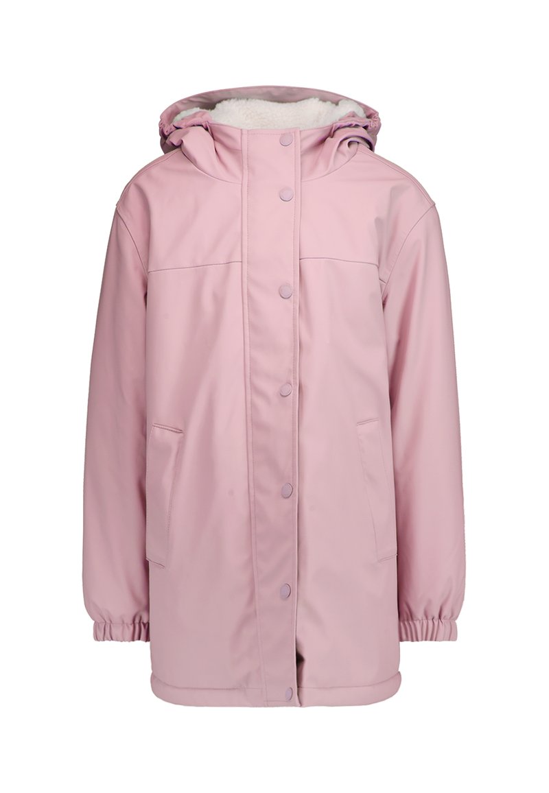 Parka rosa hecha de un material resistente al agua, con capucha forrada de piel, botones a presión y bolsillos laterales. Puños elásticos para un ajuste ceñido.