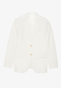 Weißer Blazer aus leichtem Material, mit zwei vorderen Taschen, Reverskragen und zwei goldfarbenen Knöpfen. Glatte Innenauskleidung.