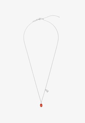 Srebrny naszyjnik z łańcuszka z owalnym pomarańczowym kamieniem wisiorem, z małym przezroczystym akcentem w pobliżu zapięcia.