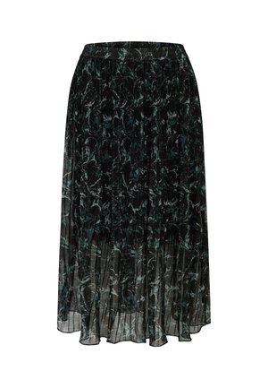 Czarna plisowana spódnica midi z abstrakcyjnym szarym i ciemnozielonym marmurkowym wzorem oraz przezroczystą warstwą tkaniny.