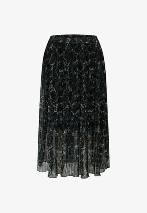 Jupe midi plissée noire avec motif marbré abstrait gris et vert foncé et superposition de tissu transparent.