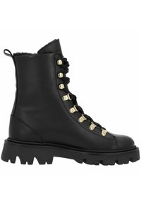 Stivali in pelle nera con lacci, dotati di accessori in tonalità oro, suola spessa e fodera testurizzata. Presentano occhielli resistenti e un colletto imbottito.