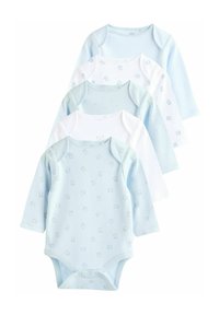 Quatre bodysuits pour bébés à manches longues en bleu clair et blanc, avec des couleurs unies et des motifs d'ours. Fabriqués en doux coton.