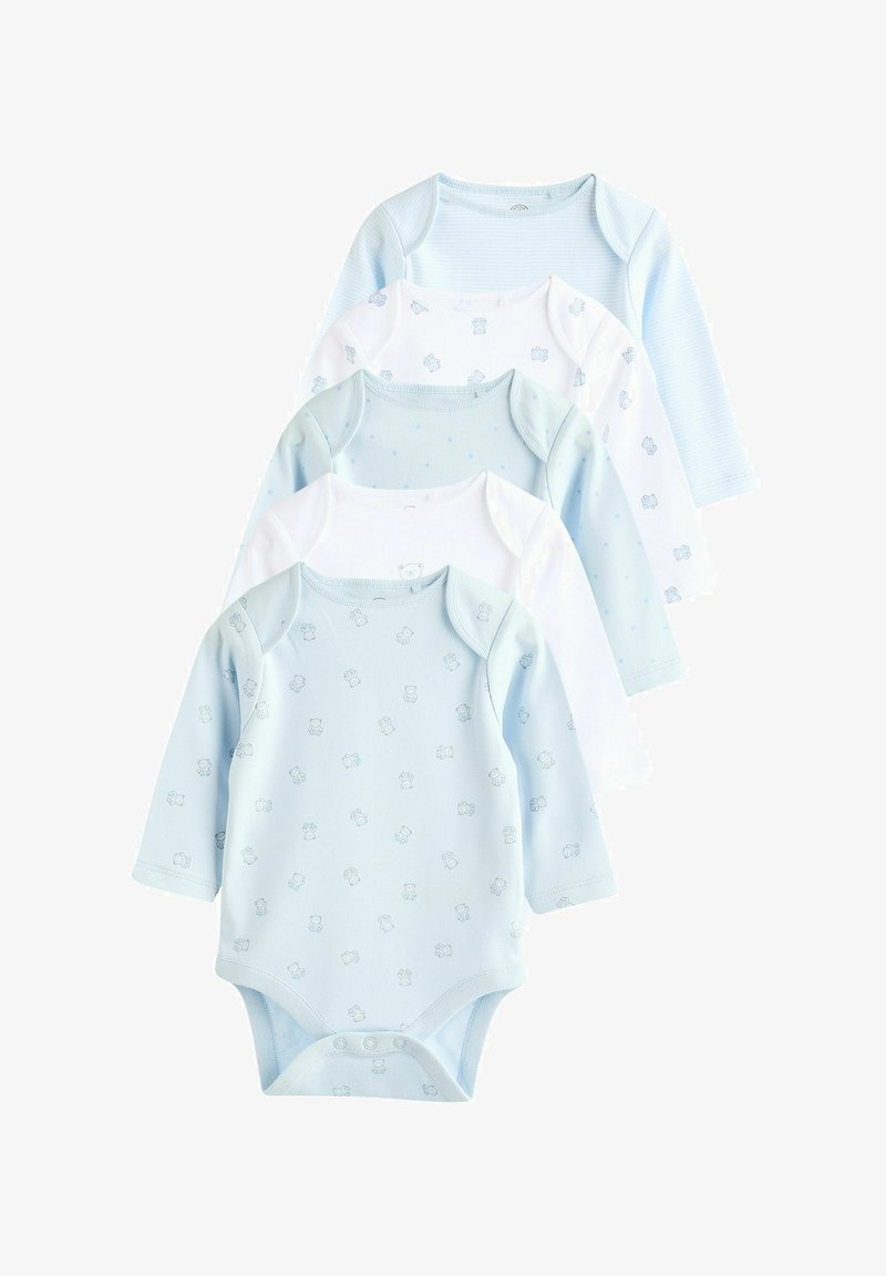 Cuatro bodies de bebé de mangas largas en azul claro y blanco, con colores sólidos y diseños de estampado de oso. Fabricados en suave algodón.
