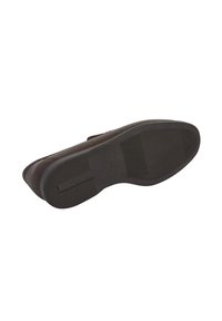 Mörkbrun lädersko med en strukturerad ovandel, en rund tå och en svart gummisula med horisontell ribbning för grepp.