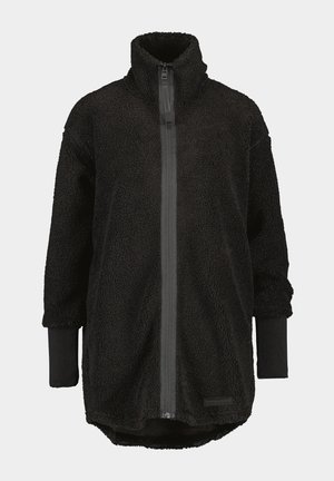 Black fleece jacket with a high collar, zip closure, and long sleeves. Features a soft texture and slightly longer back hem.